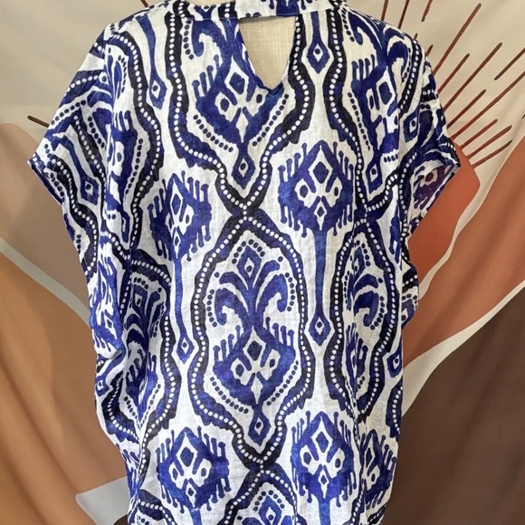 Artsy Chicos Womens 100% Linen Ikat Printed Poncho Beach Top White Blue S/M Boho - Picture 8 of 10